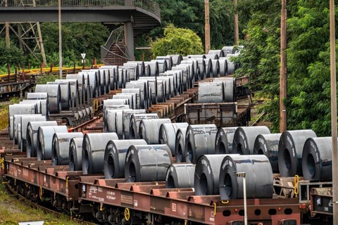 Strip steel coils, on freight wagons, at the ThyssenKrupp Steel plant Schwelgern in
