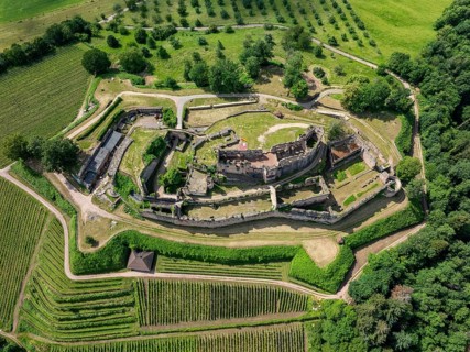 Aerial view of the ruins of Hochburg Castle, also known as Hachberg, 11th century, between