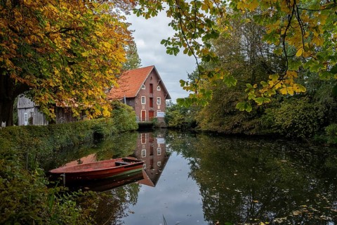 Watermill Düstermühle on the river Dinkel, Legden, Münsterland, North Rhine-Westphalia, Germany,
