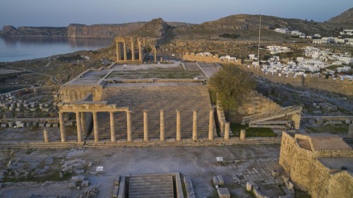 Drone shot, first morning light, Lindos, Acropolis of Lindos, Propylaea with staircase, Temple of