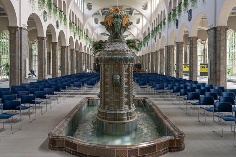 Decorative, Art Nouveau ceramic fountain made of majolica tiles, in the fountain house, Heilbad