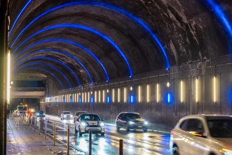 Road tunnel under the main railway station, Gildehofstraße, with lighting, LED light installation,