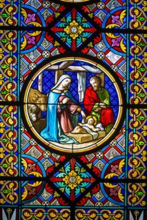 Church window, cot with Jesus and Mary and Joseph, Basel Minster, Basel, Canton of Basel-Stadt,