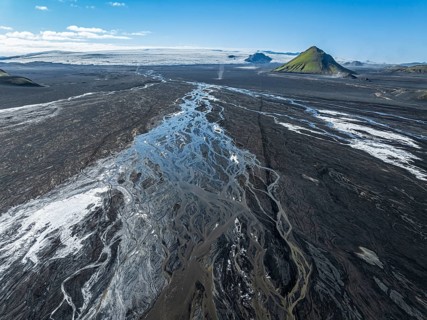 Aerial view, Mælifell mountain covered with moss, Maelifell, black sand desert Mælifellssandur,