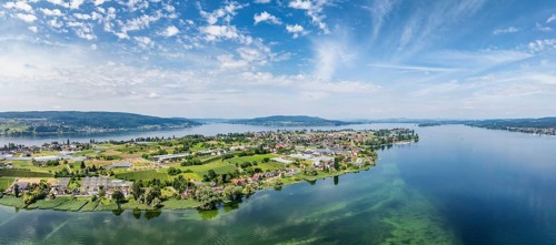 Aerial view, panorama of the island of Reichenau seen from the north, on the horizon from the left
