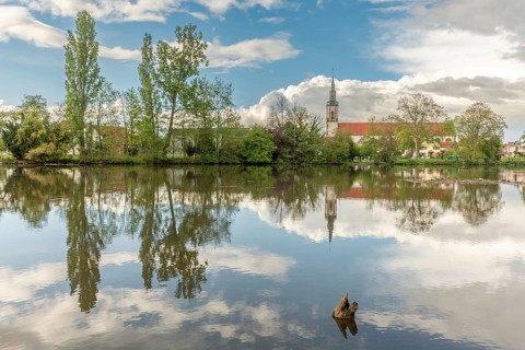 Huttenheim village reflected in a natural tree-lined river in spring. Bas Rhin, Alsace, France,