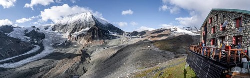 Mountain hut Labane des Dix with summit of Mont Blanc de Cheilon and glacier Glacier de Cheilon,