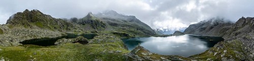 Mountain landscape with cloudy mountain peaks, mountain lakes Wangenitzsee and Kreuzsee, aerial
