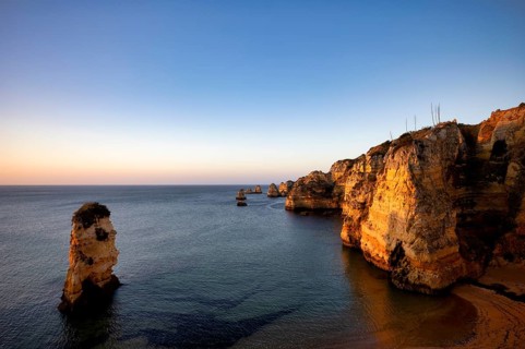 Colourful cliffs and rocks at sunrise on the beach, Praia da Dona Ana, Lagos, cliffs, Atlantic