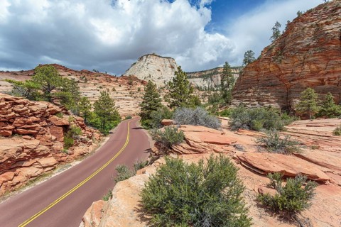 Patterns of erosion on the rocky mountainside along the Zion Park Boulevard in Zion National Park,