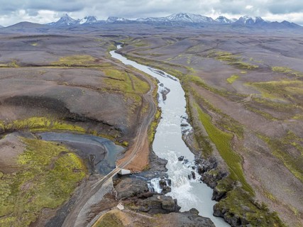 Aerial view of waterfall Gygjarfoss, Kerlingarfjöll, central highland, Iceland, Europe