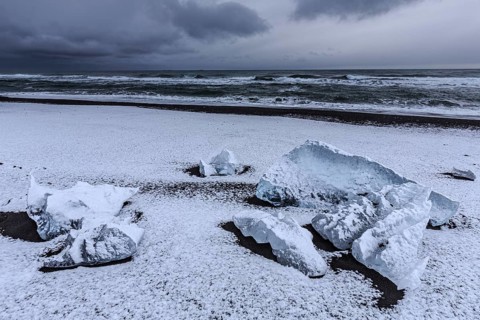 Ice floes on the beach, snowy, waves, sea, clouds, winter, Diamond Beach, Breidamerkursandur,
