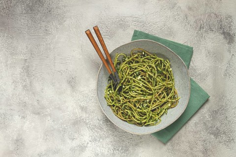 Spaghetti with pesto sauce, homemade, no people