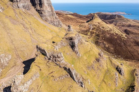 Aerial view of the Quiraing rock formation 'the prison', Trotternish peninsula, Isle of Skye,