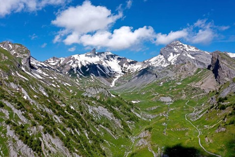 The Euloi alpine plateau, Tita Seri summit tooth at the back, Dent Favre summit on the right,