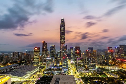 Shenzhen skyline with skyscrapers city centre downtown in the evening in Shenzhen, China, Asia