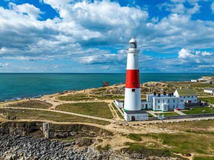 Portland Bill Lighthouse from a drone, Portland Bill, Isle of Portland, Dorset, England, United