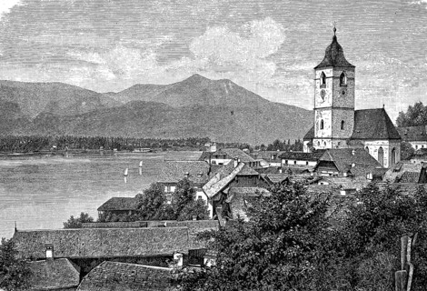Sankt Wolfgang am Wolfgangsee in Austria, in 1870, Historical, digital reproduction of an original