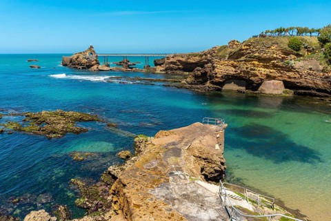 Coast of Plage du Port Vieux on a summer afternoon. Municipality of Biarritz, department of the