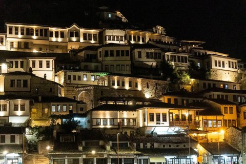 Detail of houses in the illuminated historic town of Berat in Albania, UNESCO, the city of a