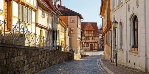 Half-timbered houses with cobblestones in Mühlenstraße, old town centre of the World Heritage town