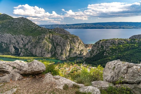 View of the Cetina Gorge with the river Cetina and the town of Omis, Croatia, Europe