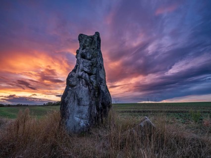 The Stone Maiden at sunset, Dölauer Jungfrau, second largest menhir in Central Europe, Halle