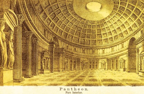 The interior of the Pantheon, ancient Rome, domed building, rotunda, statues, columns, today a