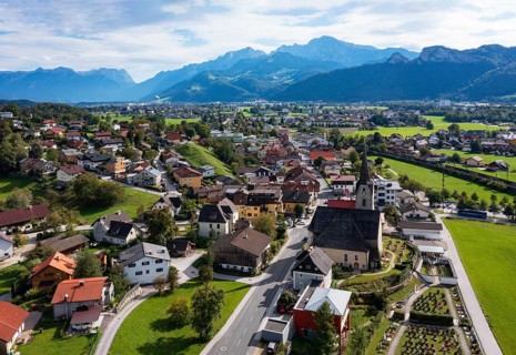 Drone image, view of village with church, Puch near Hallein, Salzachtal, Tennengau, Salzburg