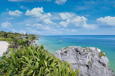 Tulum Archaeological Zone with Mayan pyramids and ruins located on the scenic ocean shore of