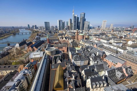 The view from St. Bartholomew's Cathedral takes in Frankfurt city centre and the banking skyline,