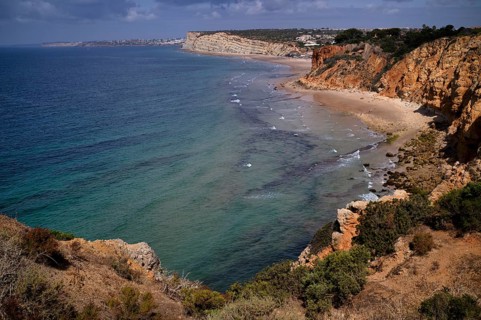 View from the cliff on beaches Praia do Canavial and Praia de Porto de Mos, cliffs, rocks, sea,