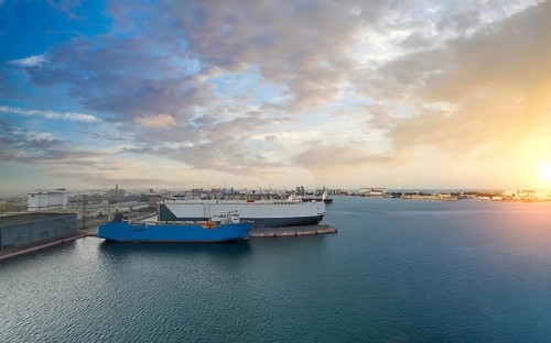 Mexico, Panoramic view of Veracruz city port wharf and cargo ships waiting at the docks. Biggest