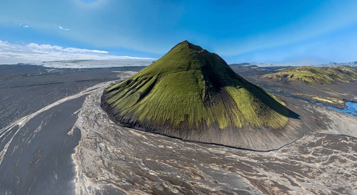 Aerial view, Mælifell mountain covered with moss, Maelifell, black sand desert Mælifellssandur,