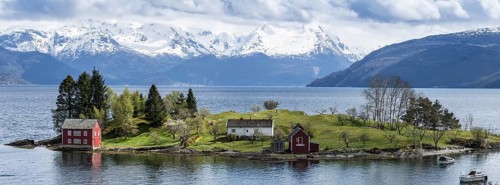 Panorama, typical red house on an island in the Hardangerfjord, near Strandebarm, Hordaland,