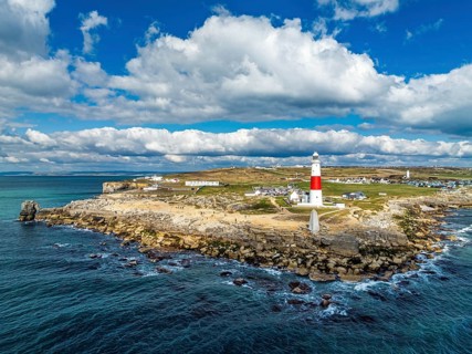 Portland Bill Lighthouse from a drone, Portland Bill, Isle of Portland, Dorset, England, United