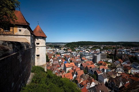 View from the Hellenstein Castle fortress to the old town centre, Heidenheim an der Brenz,