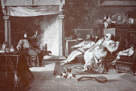 Decameron, Il Decamerone, scene in a country house in the hills of Florence, illustration after a