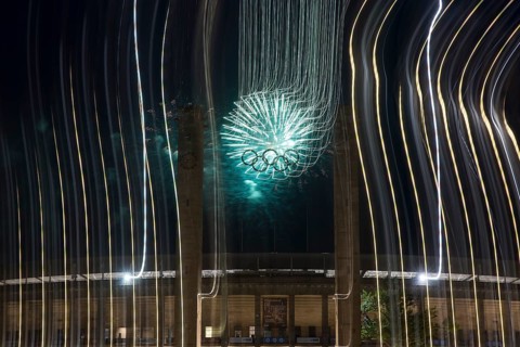 Fireworks behind the Olympic rings at the Pyronale on the Maifeld at the Olympic Stadium, Berlin,