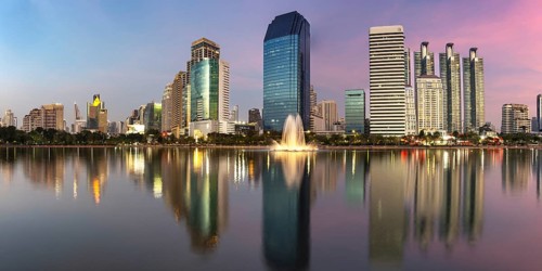 Benjakitti Park, eastern water zone with water fountain, a municipal park in the Khlong Toei