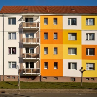 Geometrically and colourfully designed apartment buildings of a housing association, Halberstadt,