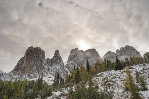 View of part of the Odle Group, Gampenwiese, Dolomites, snow, Puez-Odle nature park Park, St.