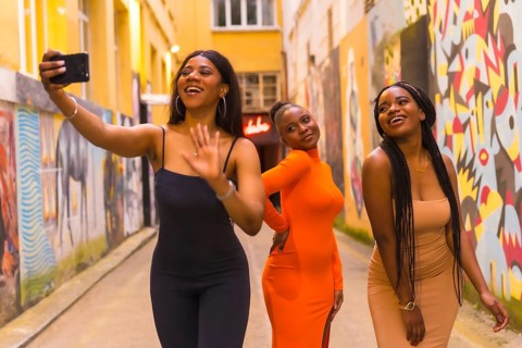 San Sebastián, Gipuzkoa Spain, February 2021: Three girls taking a selfie. Fashionable urban style