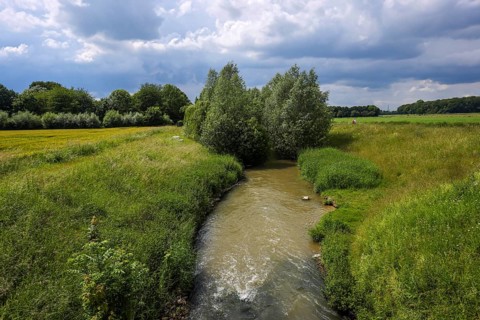 Kamen, Ruhr area, North Rhine-Westphalia, Germany, Spring landscape on the Seseke. The