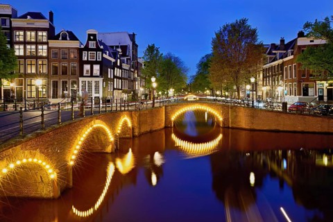 Prinsengracht canal in the evening light after sunset, Amsterdam, North Holland, Netherlands