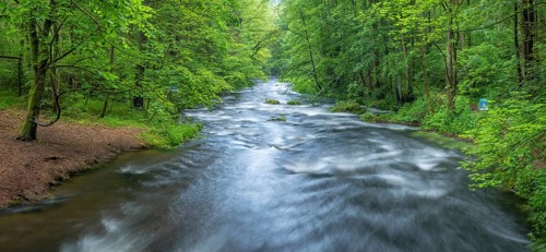 White water and rapids on the Trieb stream in the Triebtal nature reserve in Vogtland, Plauen,
