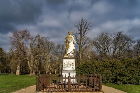 Statue of the founder Prince Wilhelm Malte I in Putbus Castle Park, Ruegen Island,