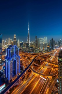 Dubai skyline at night, Burj Khalifa tallest building in the world, United Arab Emirates, Asia