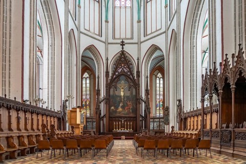 Neo-Gothic crucifixion altar by Gaston Lenthe in Schwerin Cathedral of St Mary and St John, state