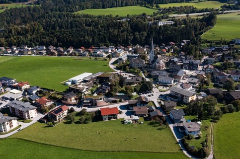 Drone image, settlement area, view of village with church, Pfarrwerfen, Salzachtal, Pongau,